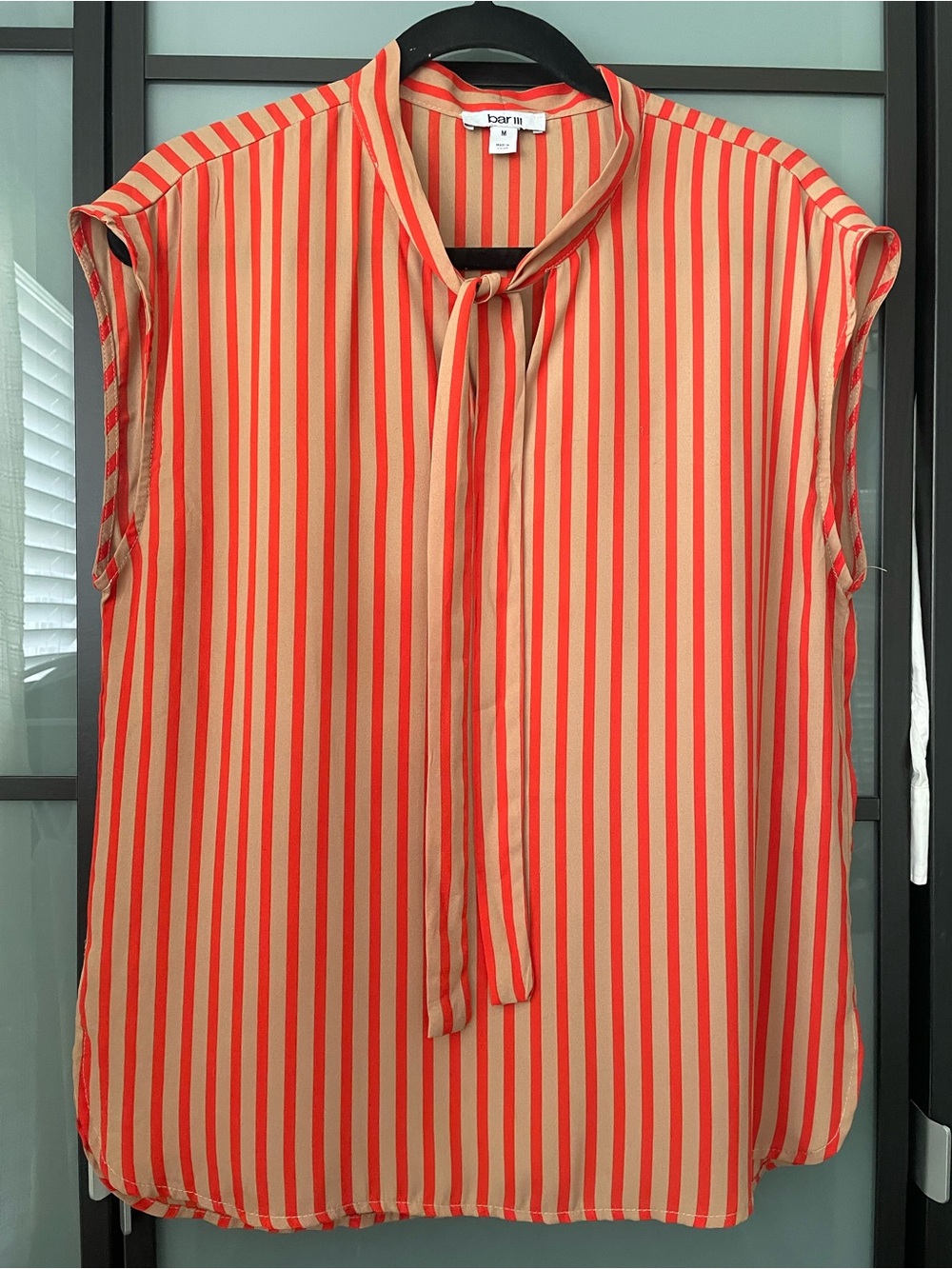 Bar III Coral Red & Cream Striped Tie-Neck Sleeveless Blouse